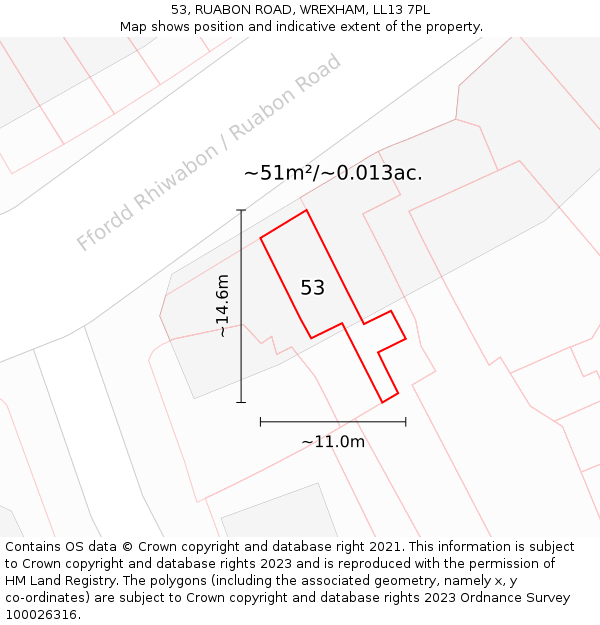 53, RUABON ROAD, WREXHAM, LL13 7PL: Plot and title map