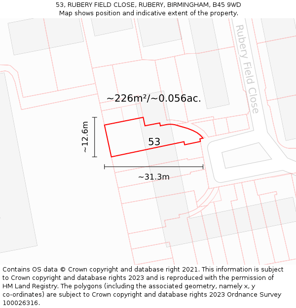 53, RUBERY FIELD CLOSE, RUBERY, BIRMINGHAM, B45 9WD: Plot and title map