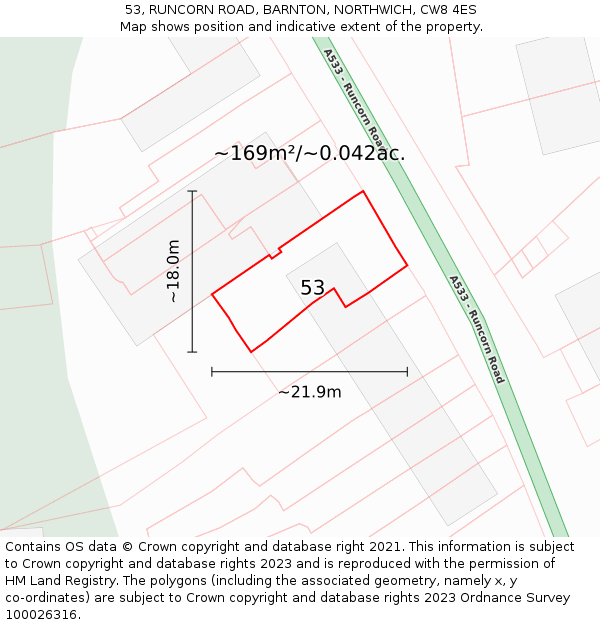 53, RUNCORN ROAD, BARNTON, NORTHWICH, CW8 4ES: Plot and title map