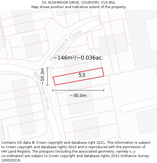 53, RUSHMOOR DRIVE, COVENTRY, CV5 8NL: Plot and title map