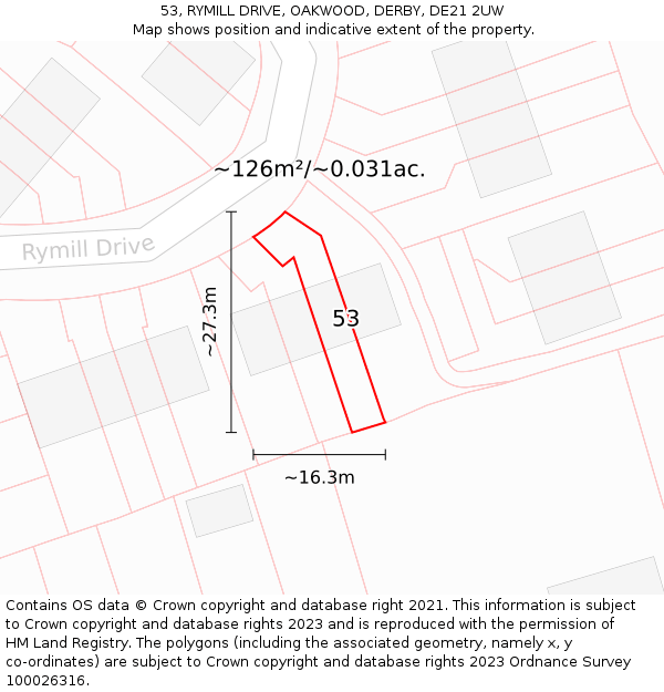 53, RYMILL DRIVE, OAKWOOD, DERBY, DE21 2UW: Plot and title map