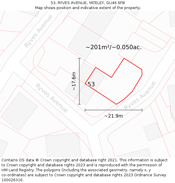 53, RYVES AVENUE, YATELEY, GU46 6FB: Plot and title map