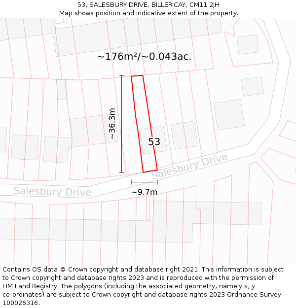 53, SALESBURY DRIVE, BILLERICAY, CM11 2JH: Plot and title map