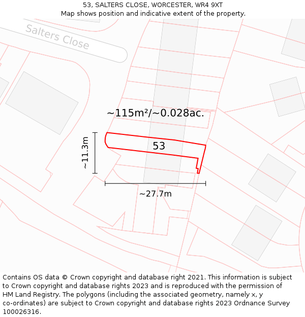 53, SALTERS CLOSE, WORCESTER, WR4 9XT: Plot and title map