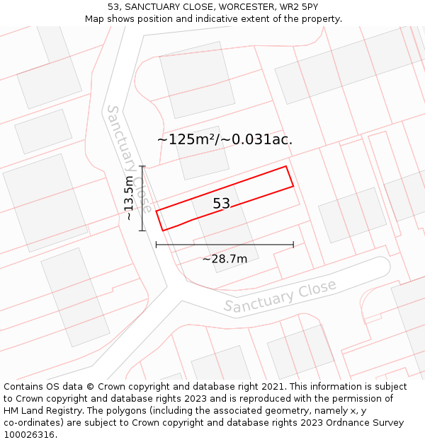 53, SANCTUARY CLOSE, WORCESTER, WR2 5PY: Plot and title map