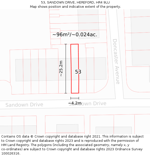53, SANDOWN DRIVE, HEREFORD, HR4 9LU: Plot and title map