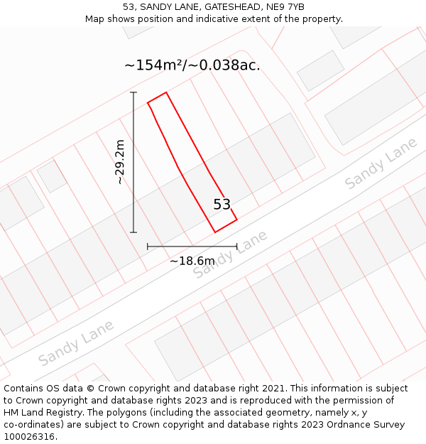 53, SANDY LANE, GATESHEAD, NE9 7YB: Plot and title map