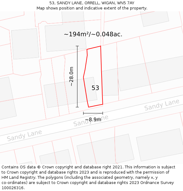 53, SANDY LANE, ORRELL, WIGAN, WN5 7AY: Plot and title map
