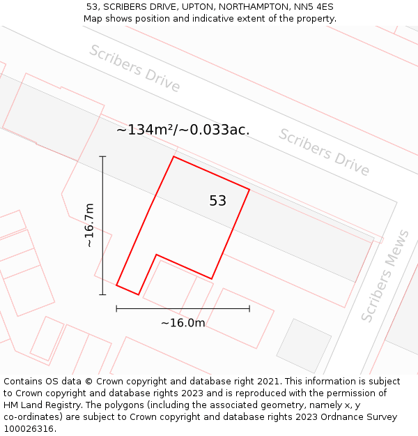 53, SCRIBERS DRIVE, UPTON, NORTHAMPTON, NN5 4ES: Plot and title map