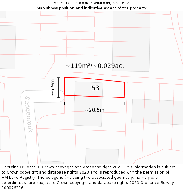 53, SEDGEBROOK, SWINDON, SN3 6EZ: Plot and title map
