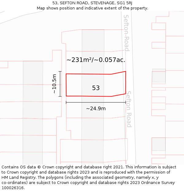 53, SEFTON ROAD, STEVENAGE, SG1 5RJ: Plot and title map