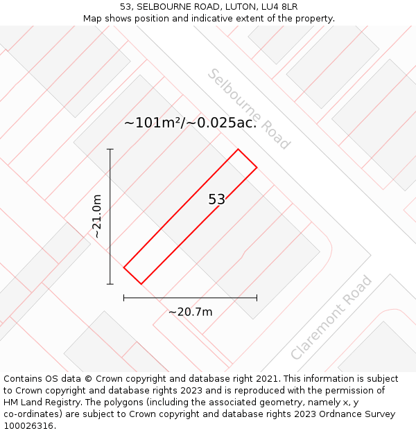 53, SELBOURNE ROAD, LUTON, LU4 8LR: Plot and title map