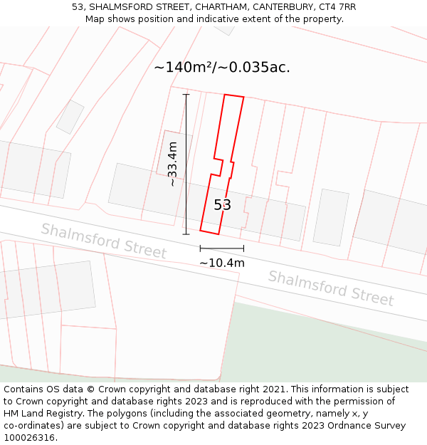 53, SHALMSFORD STREET, CHARTHAM, CANTERBURY, CT4 7RR: Plot and title map