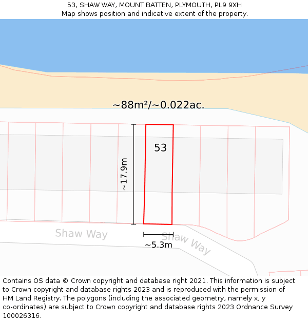 53, SHAW WAY, MOUNT BATTEN, PLYMOUTH, PL9 9XH: Plot and title map