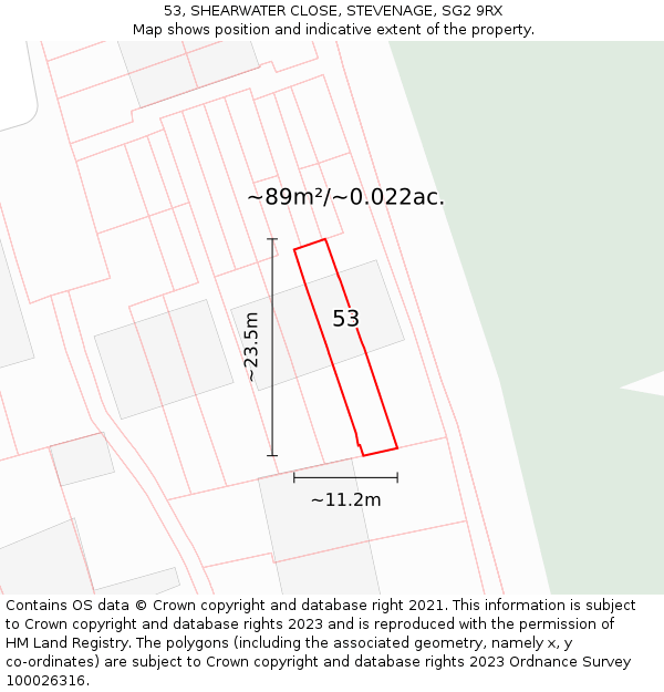 53, SHEARWATER CLOSE, STEVENAGE, SG2 9RX: Plot and title map