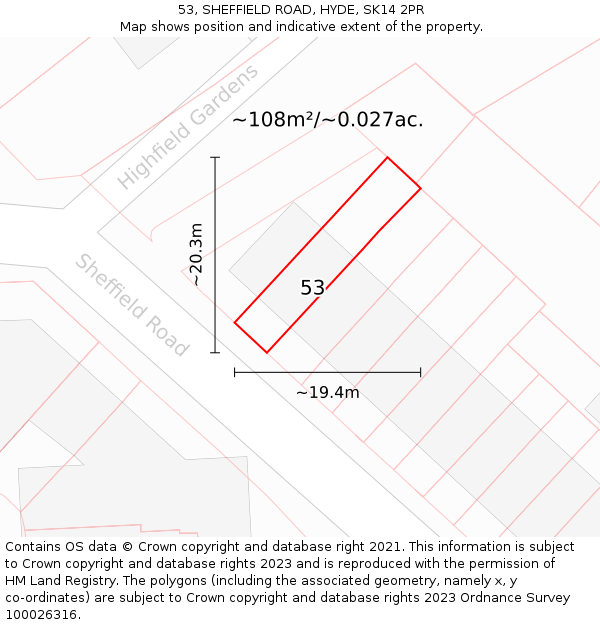 53, SHEFFIELD ROAD, HYDE, SK14 2PR: Plot and title map