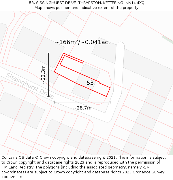 53, SISSINGHURST DRIVE, THRAPSTON, KETTERING, NN14 4XQ: Plot and title map