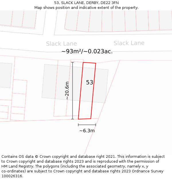 53, SLACK LANE, DERBY, DE22 3FN: Plot and title map