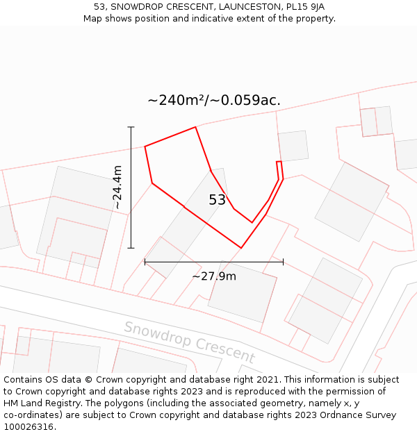 53, SNOWDROP CRESCENT, LAUNCESTON, PL15 9JA: Plot and title map