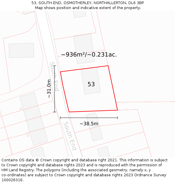 53, SOUTH END, OSMOTHERLEY, NORTHALLERTON, DL6 3BP: Plot and title map