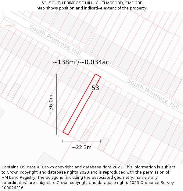 53, SOUTH PRIMROSE HILL, CHELMSFORD, CM1 2RF: Plot and title map