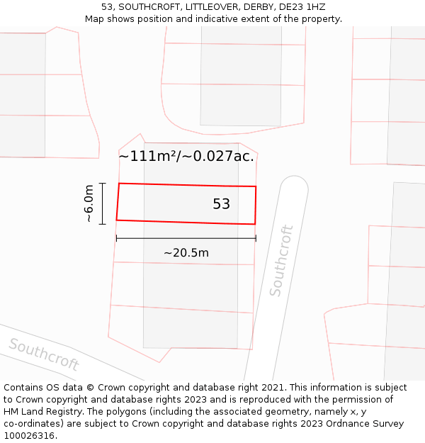 53, SOUTHCROFT, LITTLEOVER, DERBY, DE23 1HZ: Plot and title map