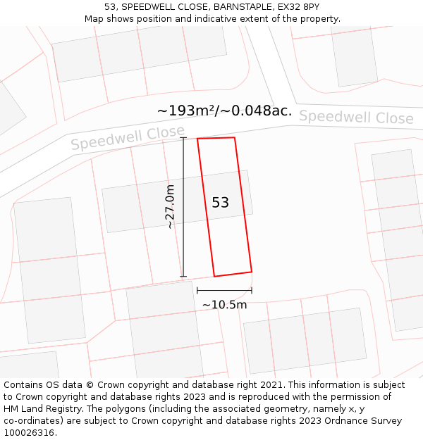 53, SPEEDWELL CLOSE, BARNSTAPLE, EX32 8PY: Plot and title map