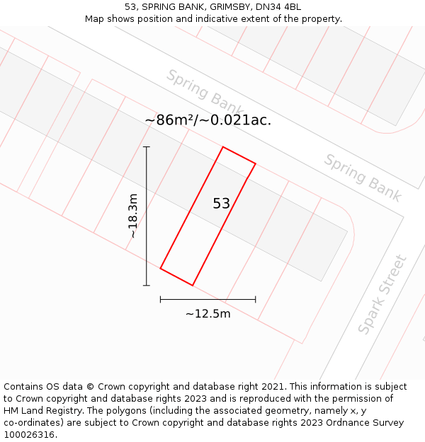 53, SPRING BANK, GRIMSBY, DN34 4BL: Plot and title map