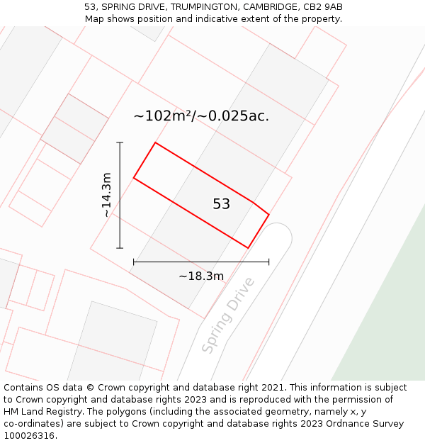 53, SPRING DRIVE, TRUMPINGTON, CAMBRIDGE, CB2 9AB: Plot and title map