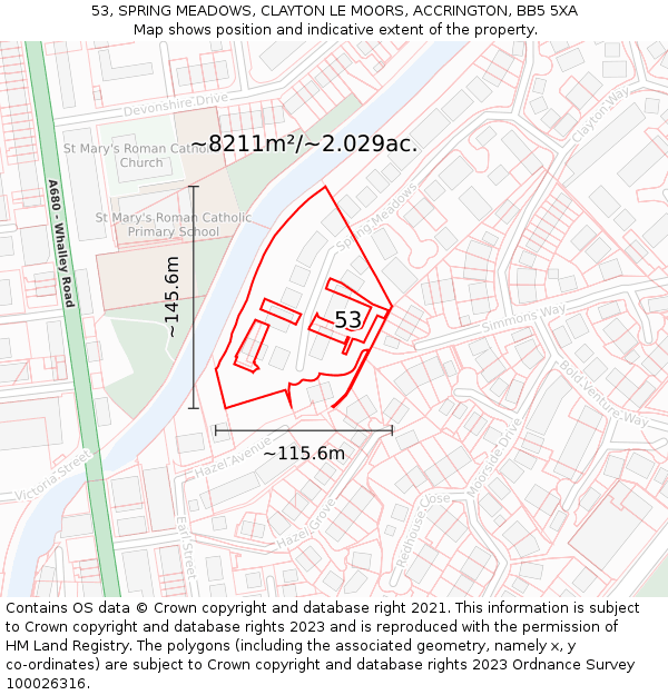 53, SPRING MEADOWS, CLAYTON LE MOORS, ACCRINGTON, BB5 5XA: Plot and title map