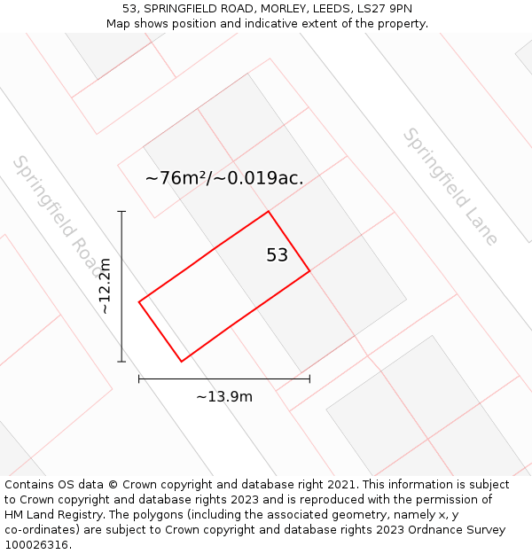 53, SPRINGFIELD ROAD, MORLEY, LEEDS, LS27 9PN: Plot and title map