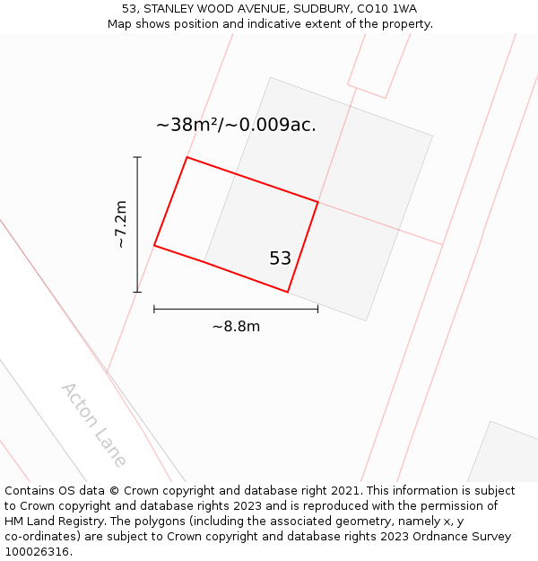 53, STANLEY WOOD AVENUE, SUDBURY, CO10 1WA: Plot and title map