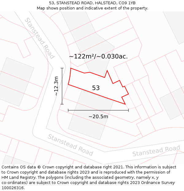 53, STANSTEAD ROAD, HALSTEAD, CO9 1YB: Plot and title map
