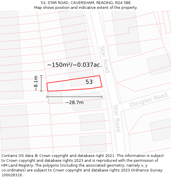 53, STAR ROAD, CAVERSHAM, READING, RG4 5BE: Plot and title map