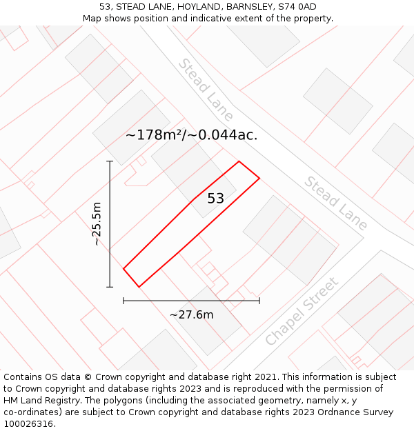 53, STEAD LANE, HOYLAND, BARNSLEY, S74 0AD: Plot and title map