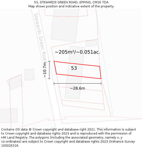 53, STEWARDS GREEN ROAD, EPPING, CM16 7DA: Plot and title map