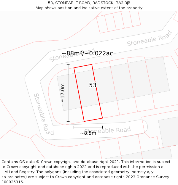 53, STONEABLE ROAD, RADSTOCK, BA3 3JR: Plot and title map