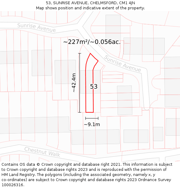 53, SUNRISE AVENUE, CHELMSFORD, CM1 4JN: Plot and title map