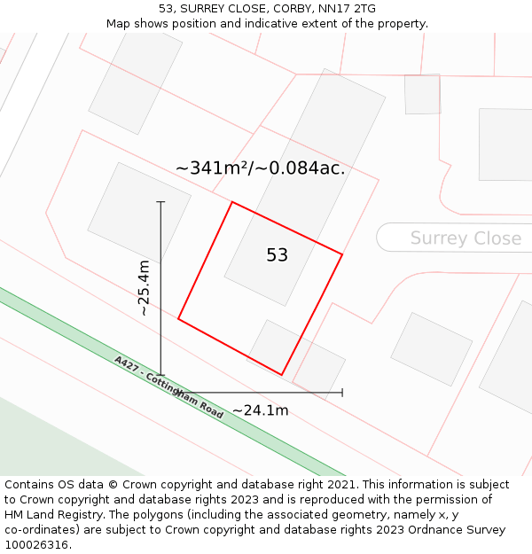 53, SURREY CLOSE, CORBY, NN17 2TG: Plot and title map