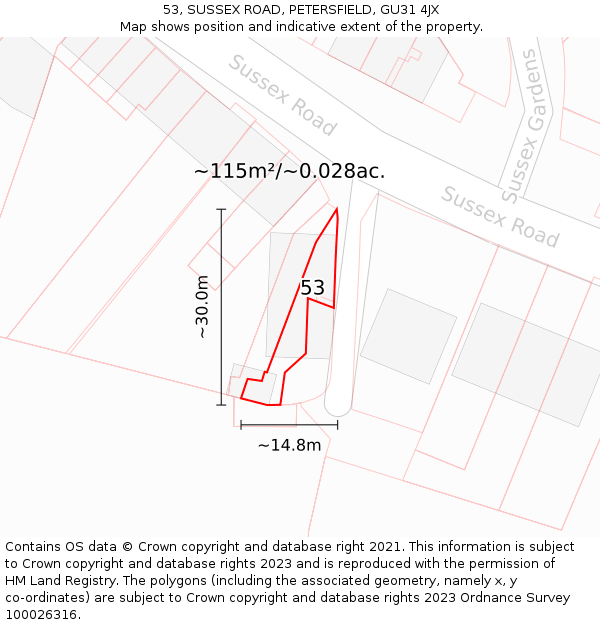53, SUSSEX ROAD, PETERSFIELD, GU31 4JX: Plot and title map