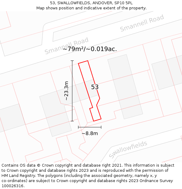 53, SWALLOWFIELDS, ANDOVER, SP10 5PL: Plot and title map