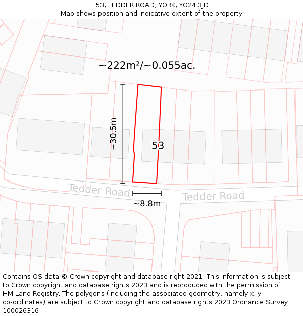 53, TEDDER ROAD, YORK, YO24 3JD: Plot and title map