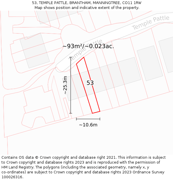 53, TEMPLE PATTLE, BRANTHAM, MANNINGTREE, CO11 1RW: Plot and title map