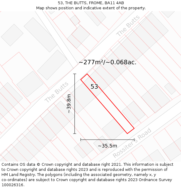53, THE BUTTS, FROME, BA11 4AB: Plot and title map