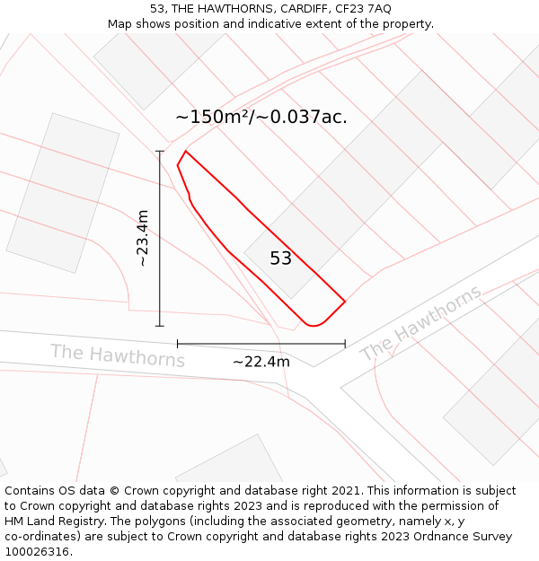 53, THE HAWTHORNS, CARDIFF, CF23 7AQ: Plot and title map