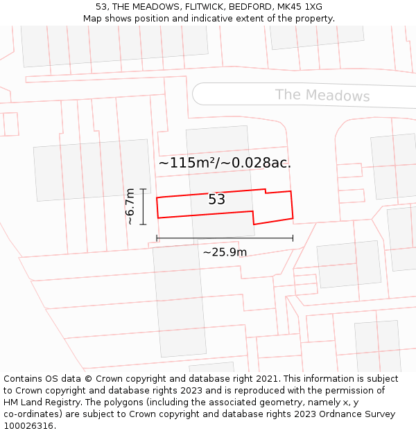 53, THE MEADOWS, FLITWICK, BEDFORD, MK45 1XG: Plot and title map