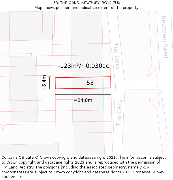 53, THE OAKS, NEWBURY, RG14 7UX: Plot and title map