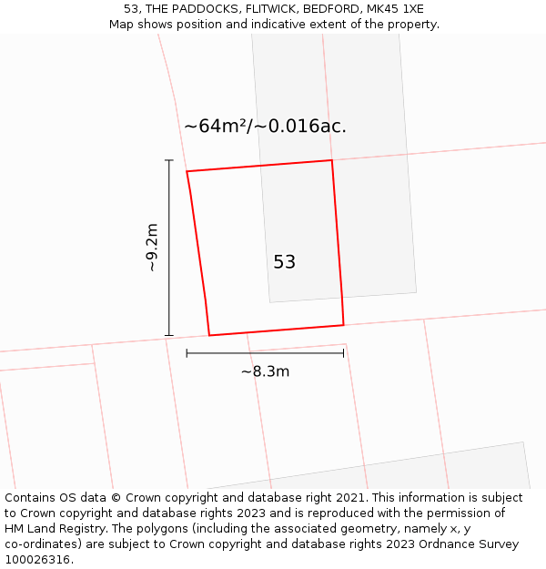53, THE PADDOCKS, FLITWICK, BEDFORD, MK45 1XE: Plot and title map