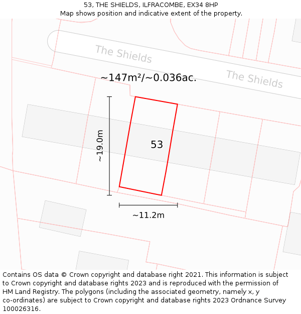 53, THE SHIELDS, ILFRACOMBE, EX34 8HP: Plot and title map