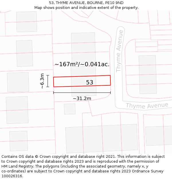 53, THYME AVENUE, BOURNE, PE10 9ND: Plot and title map